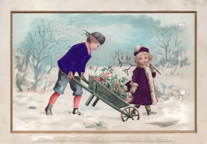 Framed Print : Boy and girl in snow on a fabric Christmas card Framed Print : Boy and girl in snow on a fabric Christmas card