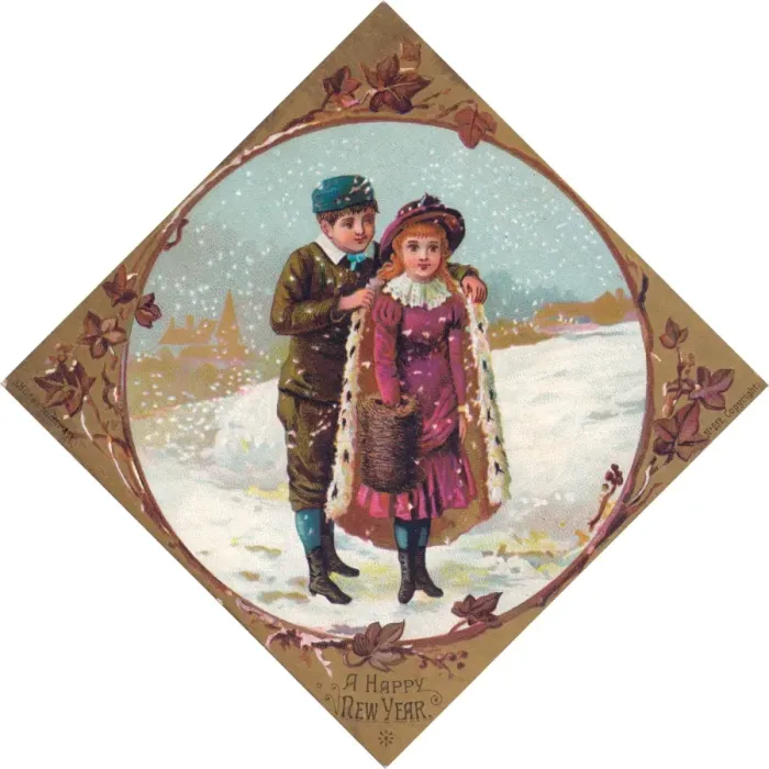 Framed Print : Boy and girl in the snow on a New Year card Framed Print : Boy and girl in the snow on a New Year card