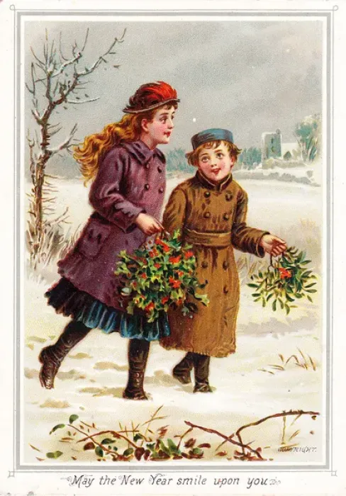 Framed Print : Boy and girl in the snow on a New Year card Framed Print : Boy and girl in the snow on a New Year card