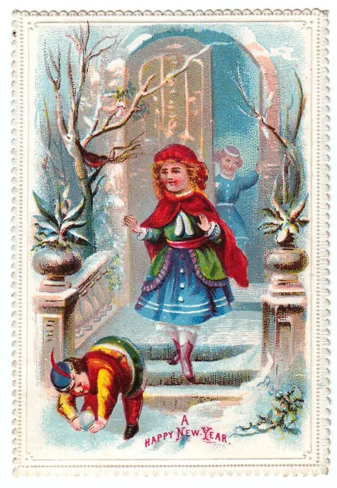 Framed Print : Boy and girl in the snow on a New Year card Framed Print : Boy and girl in the snow on a New Year card