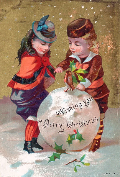 Boy and girl with snowball on a Christmas card