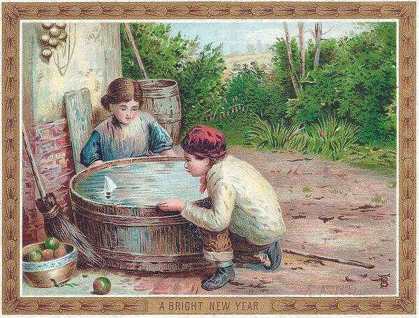 Boy and girl with toy boat on a New Year card
