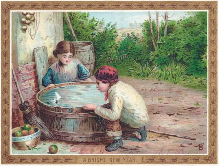 Framed Print : Boy and girl with toy boat on a New Year card Framed Print : Boy and girl with toy boat on a New Year card