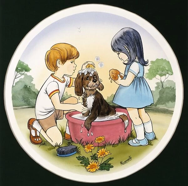 A boy and a girl wash their pet dog