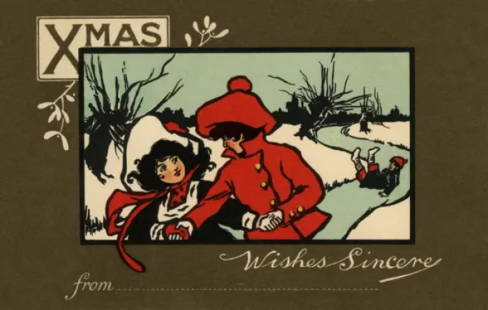 Framed Print : Boy & girl in winter scene Framed Print : Boy & girl in winter scene
