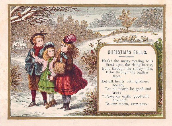 Boy and two girls in the snow on a Christmas card