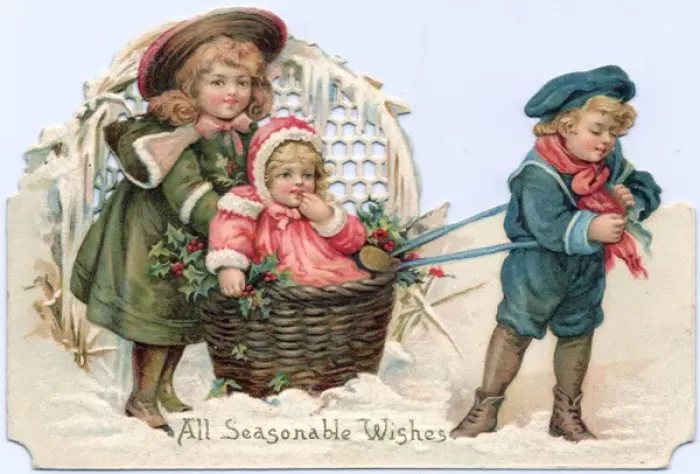 Framed Print : Boy and two girls in the snow on a cutout Christmas card Framed Print : Boy and two girls in the snow on a cutout Christmas card