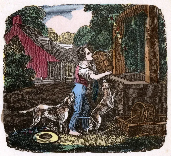 Framed Print : BOY GOES TO WELL C1830 Framed Print : BOY GOES TO WELL C1830