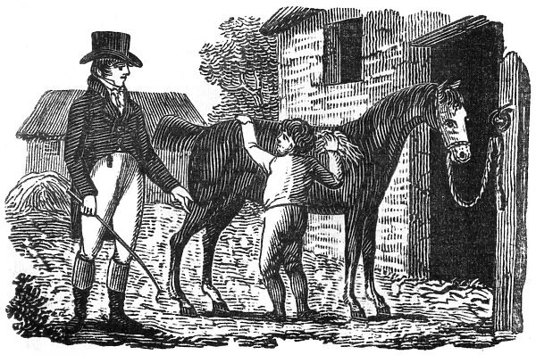 Boy grooming a horse for a gentleman, c. 1800
