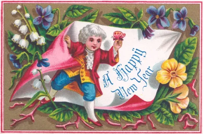 Framed Print : Boy in historical costume on a New Year card Framed Print : Boy in historical costume on a New Year card