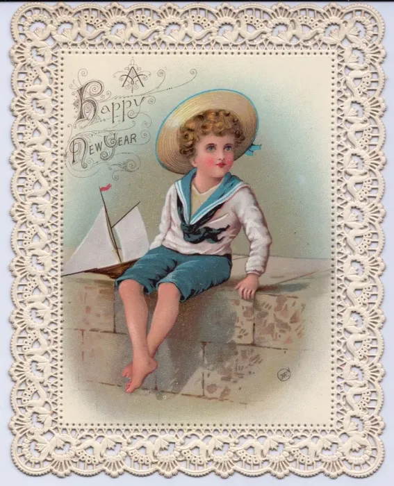Framed Print : Boy with model boat on a New Year card Framed Print : Boy with model boat on a New Year card