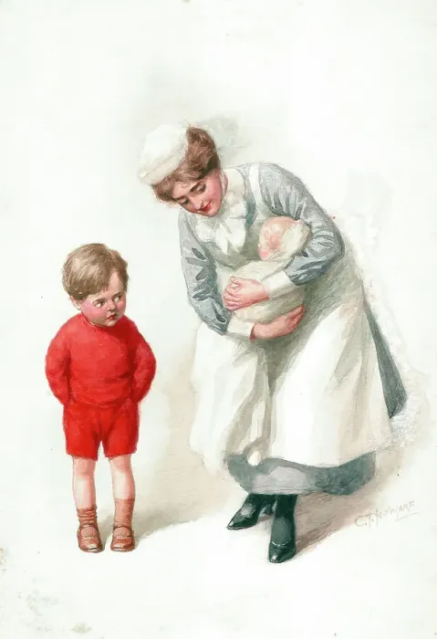 Framed Print : Boy and nurse holding baby Framed Print : Boy and nurse holding baby