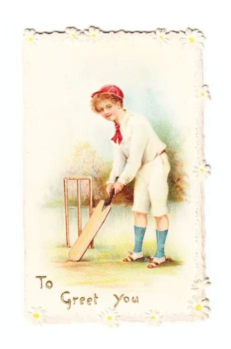 Framed Print : Boy playing cricket on a greetings card