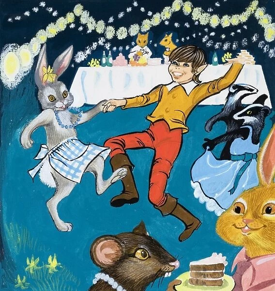 Boy and rabbit dancing
