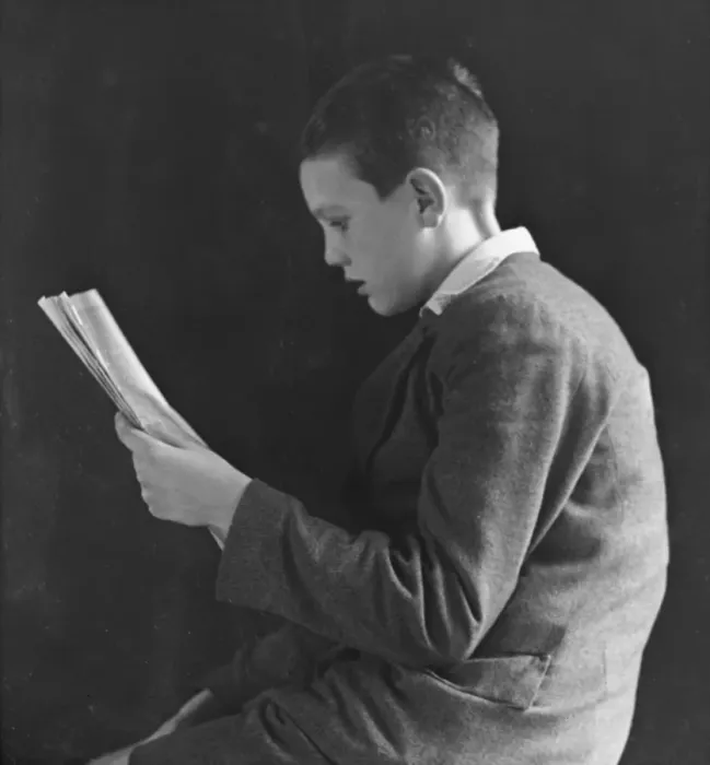 Framed Print : Boy reading, photographic portrait 1936 Framed Print : Boy reading, photographic portrait 1936