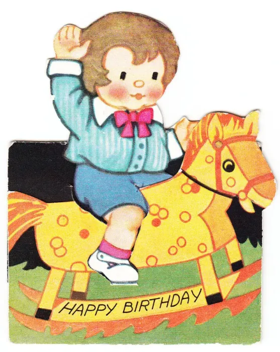Framed Print : Boy and rocking horse on a birthday card Framed Print : Boy and rocking horse on a birthday card