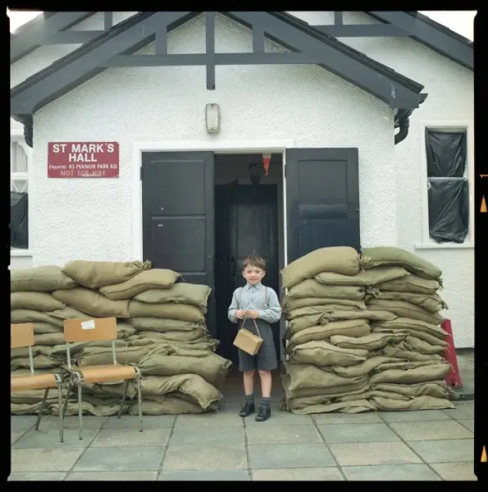 Framed Print : Boy & Sandbags 1940S