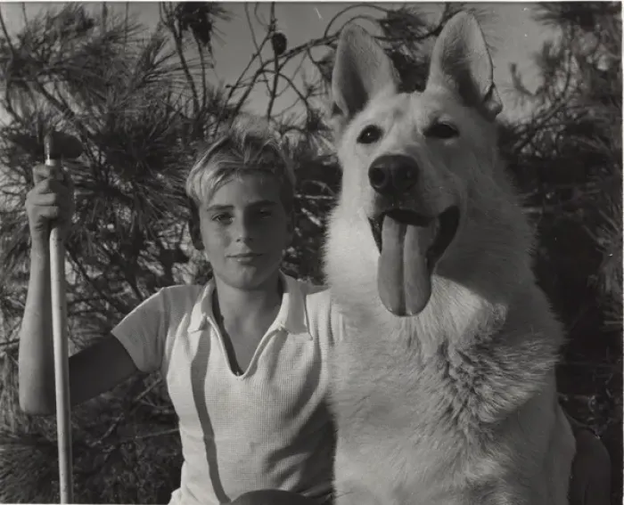 Framed Print : Boy scout with a large dog, Cyprus Framed Print : Boy scout with a large dog, Cyprus