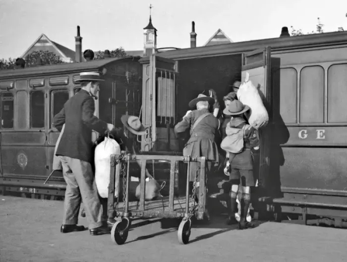 Framed Print : Boy scouts boarding a railway train Framed Print : Boy scouts boarding a railway train