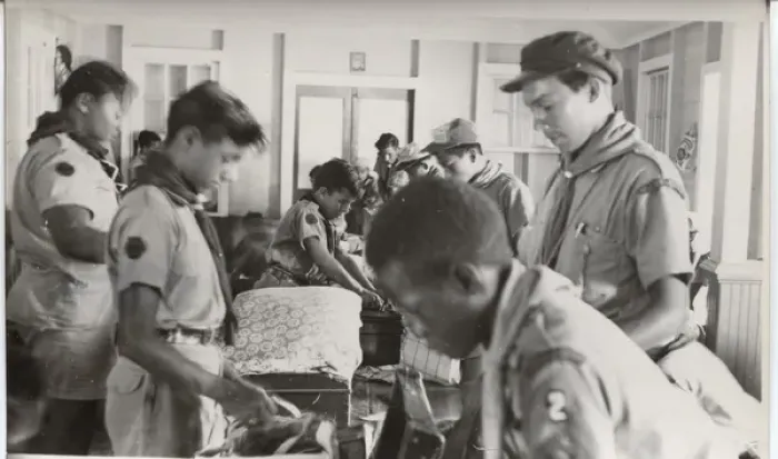 Framed Print : Boy scouts at camp, packing up, British Honduras Framed Print : Boy scouts at camp, packing up, British Honduras