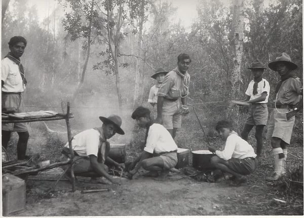 Boy scouts cooking in the open air, Mauritius