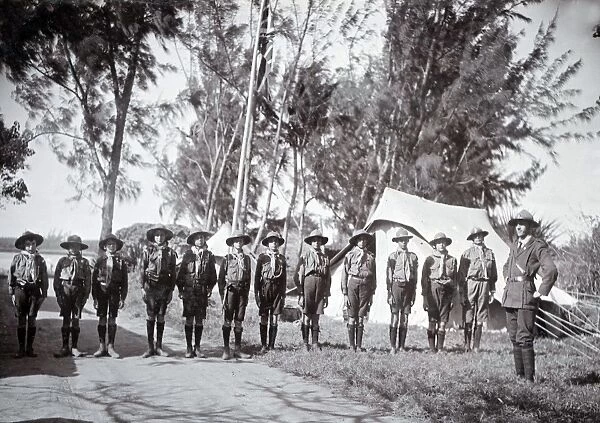 Boy scouts on morning parade at camp, Mauritius