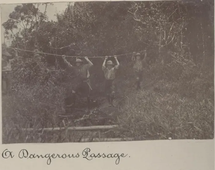 Framed Print : Boy scouts on a rope bridge, Mauritius Framed Print : Boy scouts on a rope bridge, Mauritius