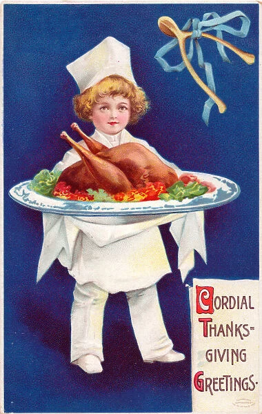 Boy serving a roast turkey on a Thanksgiving postcard
