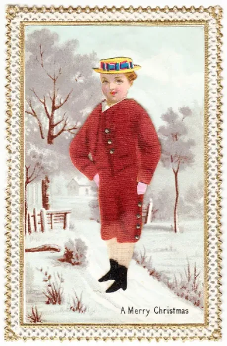 Framed Print : Boy in the snow on a fabric Christmas card Framed Print : Boy in the snow on a fabric Christmas card