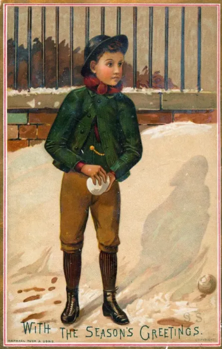 Framed Print : Boy with snowball on a Christmas card Framed Print : Boy with snowball on a Christmas card
