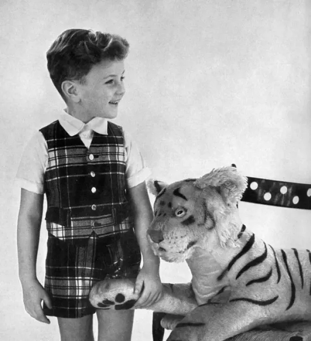 Framed Print : Boy in tartan shorts and waistcoat party outfit 1956 Framed Print : Boy in tartan shorts and waistcoat party outfit 1956