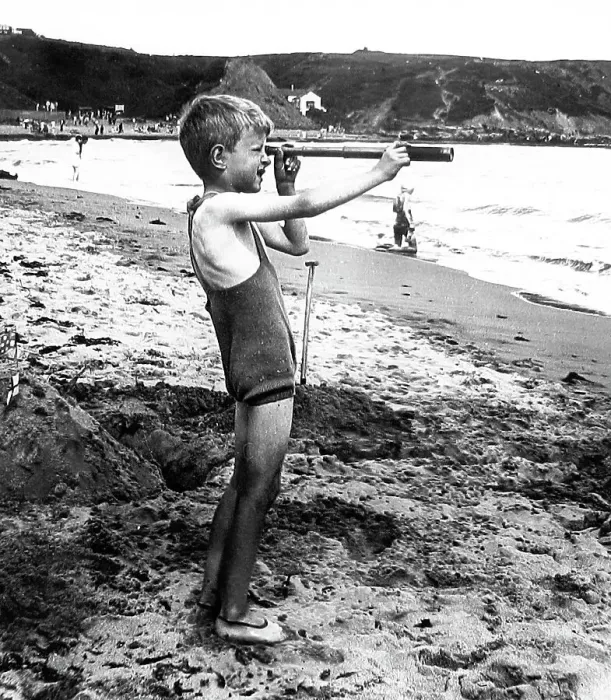 Framed Print : Boy with telescope probably 1940s Framed Print : Boy with telescope probably 1940s
