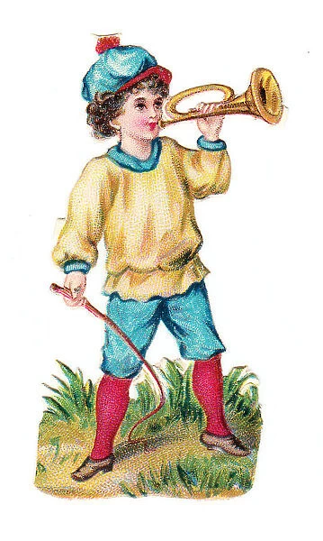 Boy with trumpet and whip on a Victorian scrap