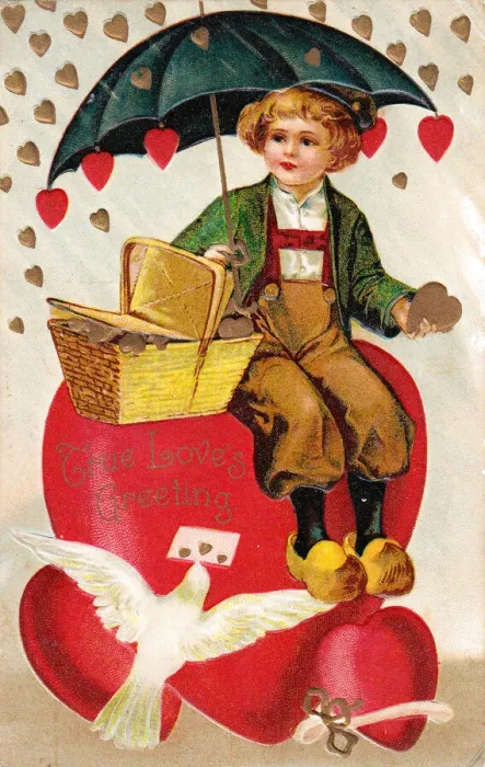 Framed Print : Boy with umbrella and hearts on a Valentine postcard Framed Print : Boy with umbrella and hearts on a Valentine postcard