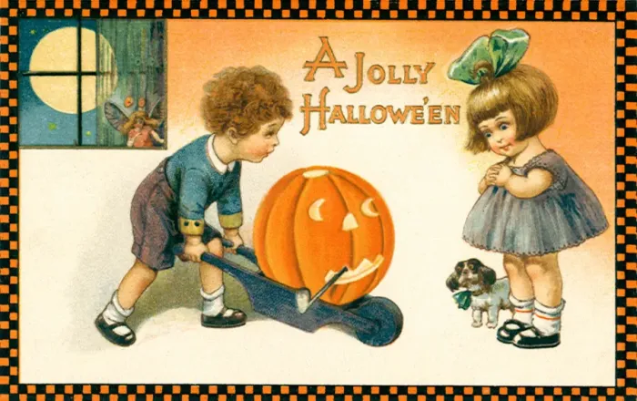 Framed Print : Boy wheeling Jack O Lantern in a cart to a dotinggirl Date: 1910 Framed Print : Boy wheeling Jack O Lantern in a cart to a dotinggirl Date: 1910