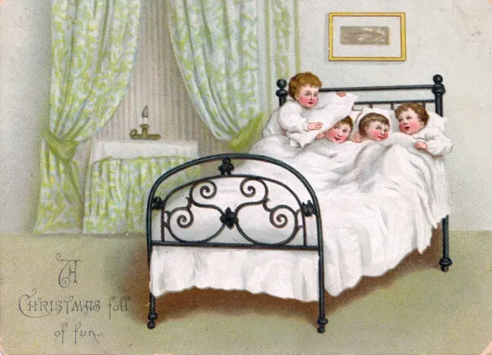 Framed Print : Four boys in bed on a Christmas card Framed Print : Four boys in bed on a Christmas card