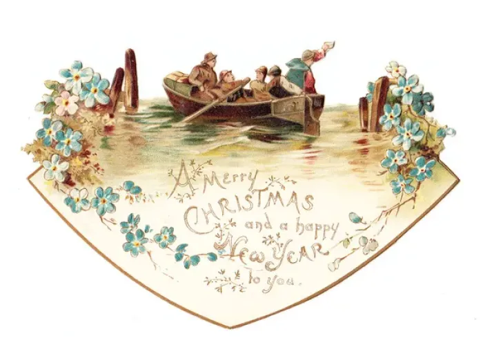 Framed Print : Boys in a boat on a cutout Christmas and New Year card Framed Print : Boys in a boat on a cutout Christmas and New Year card