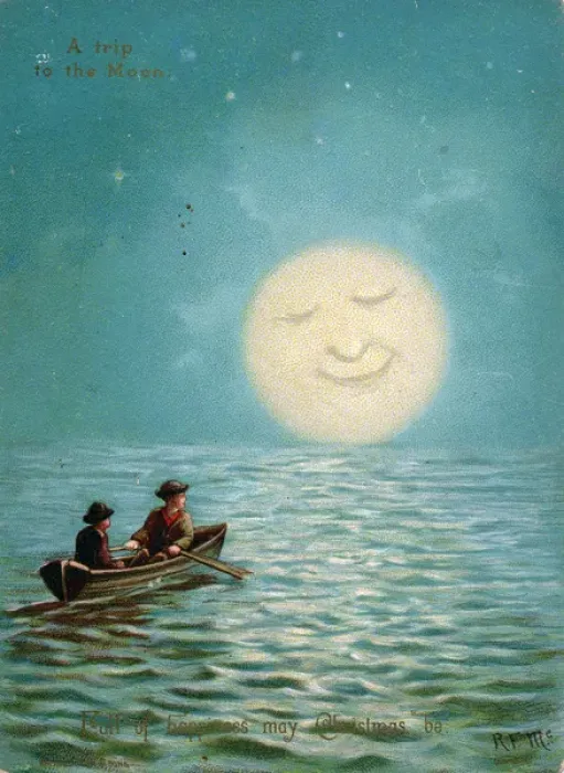 Framed Print : Two boys boating by moonlight on a Christmas card Framed Print : Two boys boating by moonlight on a Christmas card