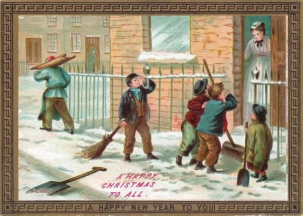 Boys clearing snow on a Christmas card