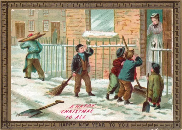 Framed Print : Boys clearing snow on a Christmas card Framed Print : Boys clearing snow on a Christmas card