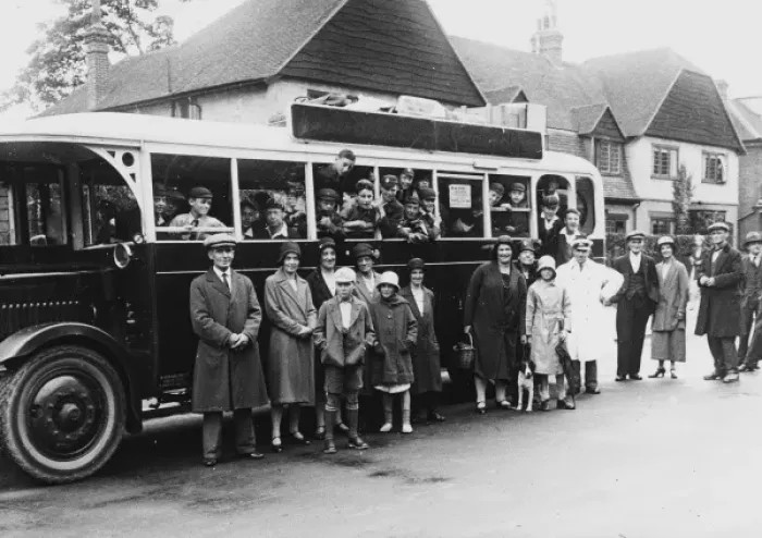 Framed Print : Boys club members say Goodbye and board bus, 1931