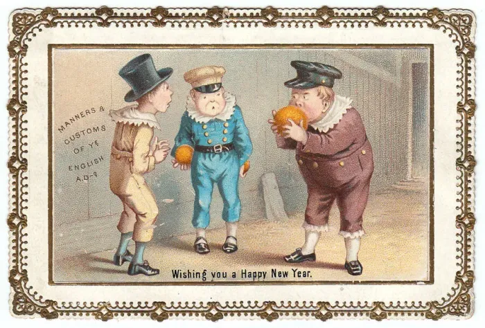 Framed Print : Three boys on a comic New Year card Framed Print : Three boys on a comic New Year card