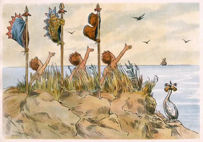 Framed Print : Three boys on a desert island attract a passing ship Framed Print : Three boys on a desert island attract a passing ship