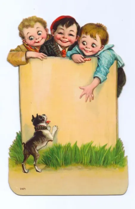Framed Print : Three boys and a dog on a cutout greetings card Framed Print : Three boys and a dog on a cutout greetings card