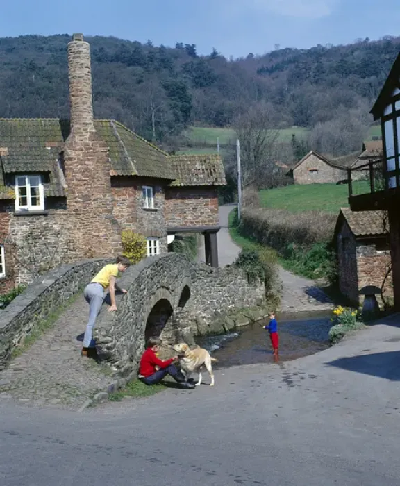 Framed Print : Boys and dog, Packhorse Bridge, Allerford, Somerset Framed Print : Boys and dog, Packhorse Bridge, Allerford, Somerset