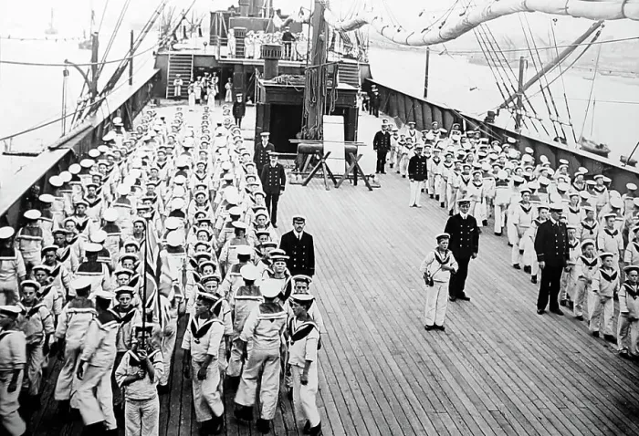 Framed Print : Boys drilling on deck, Training Ship Exmouth, early 1900s Framed Print : Boys drilling on deck, Training Ship Exmouth, early 1900s