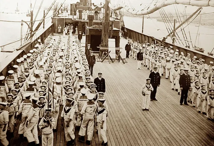 Framed Print : Boys drilling on deck, Training Ship Exmouth, early 1900s Framed Print : Boys drilling on deck, Training Ship Exmouth, early 1900s