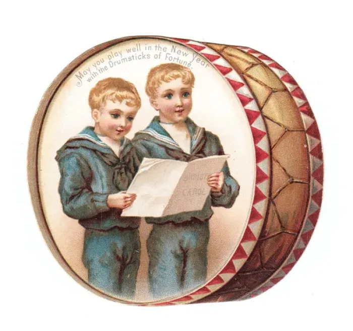 Framed Print : Two boys on a drum-shaped New Year card Framed Print : Two boys on a drum-shaped New Year card
