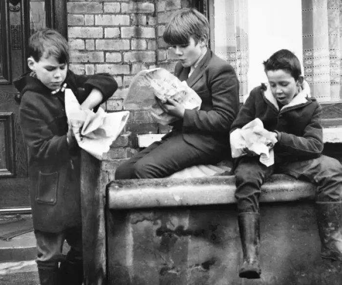 Framed Print : Boys eating fish and chips, Balham, SW London Framed Print : Boys eating fish and chips, Balham, SW London