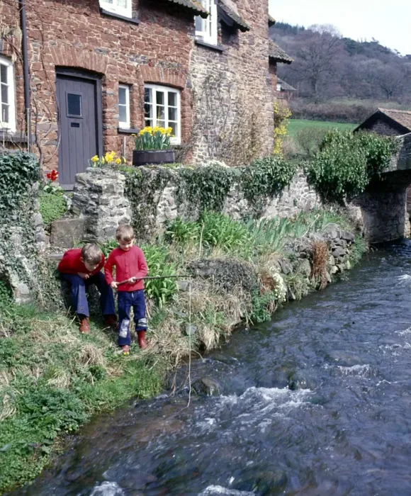 Framed Print : Two boys fishing, Allerford, Somerset Framed Print : Two boys fishing, Allerford, Somerset